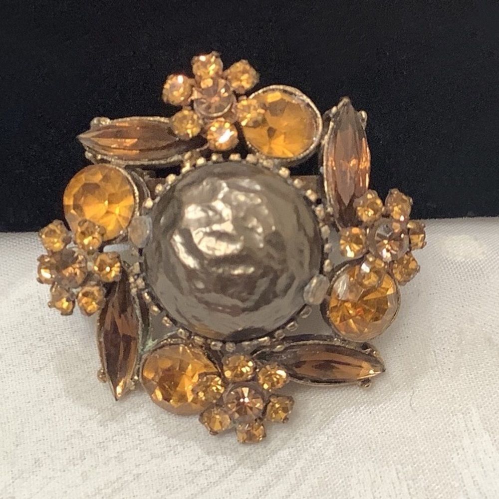 Vintage Amber Rhinestones And Baroque Pearl Brooch